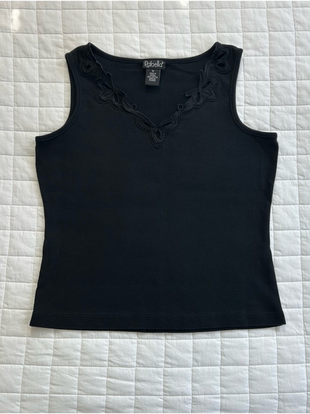 Y2K Rafaella Black Sleeveless V-Neck Tank with Floral Trim